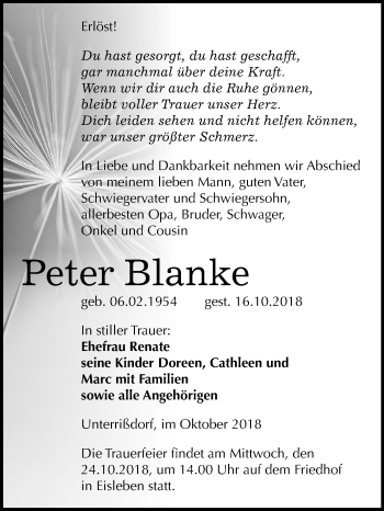 Traueranzeige von Peter Blanke von Mitteldeutsche Zeitung