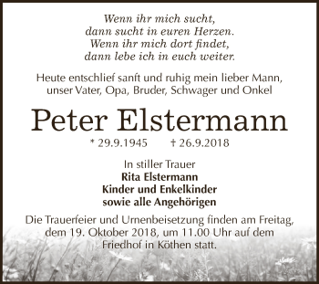 Traueranzeige von Peter Elstermann von WVG - Wochenspiegel Dessau / Köthen