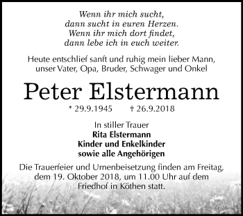 Traueranzeige von Peter Elstermann von Mitteldeutsche Zeitung Köthen