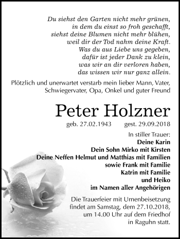 Traueranzeige von Peter Holzner von Mitteldeutsche Zeitung Bitterfeld