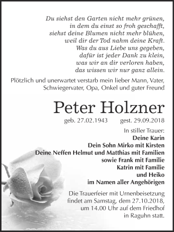 Traueranzeige von Peter Holzner von WVG - Wochenspiegel Bitterfeld