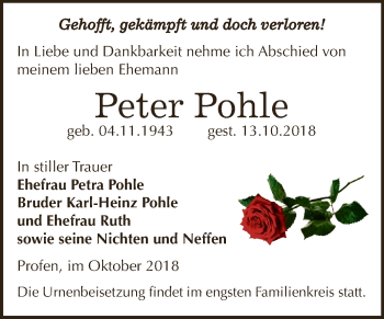 Traueranzeige von Peter Pohle von Super Sonntag Zeitz