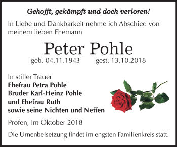 Traueranzeige von Peter Pohle von Mitteldeutsche Zeitung Zeitz