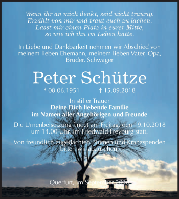 Traueranzeige von Peter Schütze von WVG - Wochenspiegel Merseburg