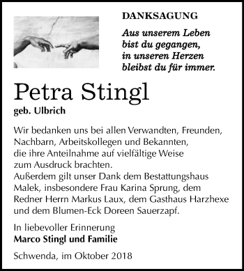 Traueranzeige von Petra Stingl von Mitteldeutsche Zeitung Sangerhausen