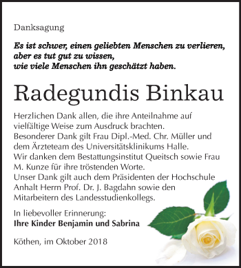 Traueranzeige von Radegundis Binkau von Mitteldeutsche Zeitung