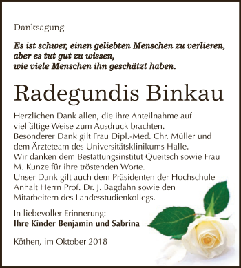Traueranzeige von Radegundis Binkau von WVG - Wochenspiegel Dessau / Köthen