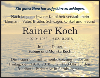 Traueranzeige von Rainer Koch von Mitteldeutsche Zeitung Bernburg
