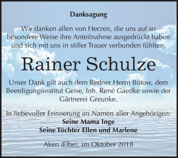 Traueranzeige von Rainer Schulze von Mitteldeutsche Zeitung Köthen