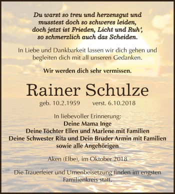 Traueranzeige von Rainer Schulze von WVG - Wochenspiegel Dessau / Köthen