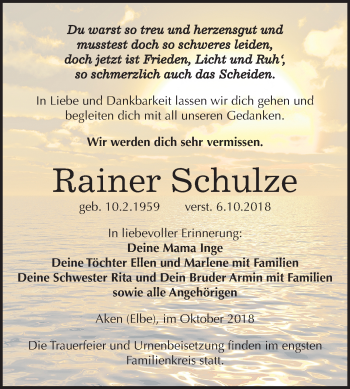 Traueranzeige von Rainer Schulze von Mitteldeutsche Zeitung Köthen