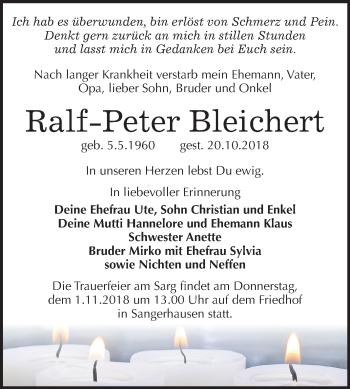 Traueranzeige von Ralf-Peter Bleichert von Mitteldeutsche Zeitung Sangerhausen