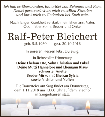 Traueranzeige von Ralf-Peter Bleichert von Super Sonntag SGH Mansf. Land