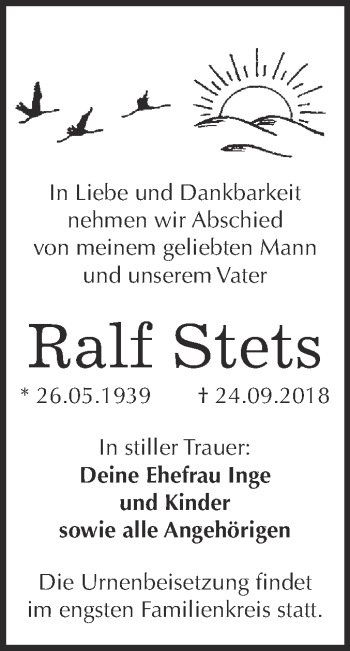 Traueranzeige von Ralf Stets von WVG - Wochenspiegel Wittenberg