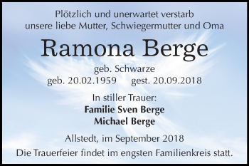 Traueranzeige von Ramona Berge von Mitteldeutsche Zeitung Sangerhausen