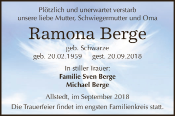Traueranzeige von Ramona Berge von WVG - Wochenspiegel SGH