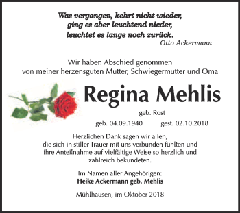 Traueranzeige von Regina Mehlis von WVG - Wochenspiegel Bitterfeld