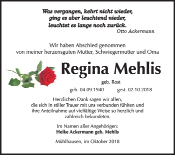 Traueranzeige von Regina Mehlis von Mitteldeutsche Zeitung Bitterfeld