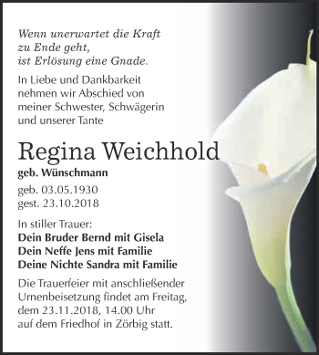 Traueranzeige von Regina Weichhold von WVG - Wochenspiegel Bitterfeld