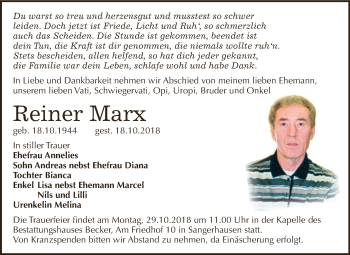 Traueranzeige von Reiner Marx von Super Sonntag SGH Mansf. Land