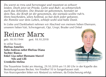 Traueranzeige von Reiner Marx von Mitteldeutsche Zeitung Sangerhausen