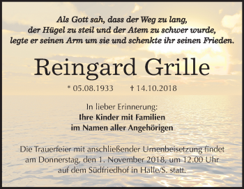 Traueranzeige von Reingard Grille von Mitteldeutsche Zeitung Halle/Saalkreis