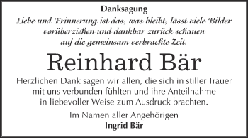 Traueranzeige von Reinhard Bär von WVG - Wochenspiegel Bitterfeld