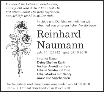 Traueranzeige von Reinhard Naumann von WVG - Wochenspiegel Bitterfeld