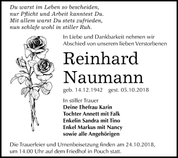 Traueranzeige von Reinhard Naumann von Mitteldeutsche Zeitung Bitterfeld