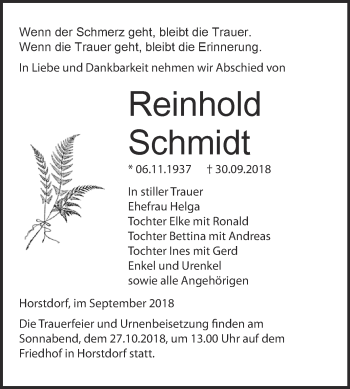 Traueranzeige von Reinhold Schmidt von WVG - Wochenspiegel Wittenberg