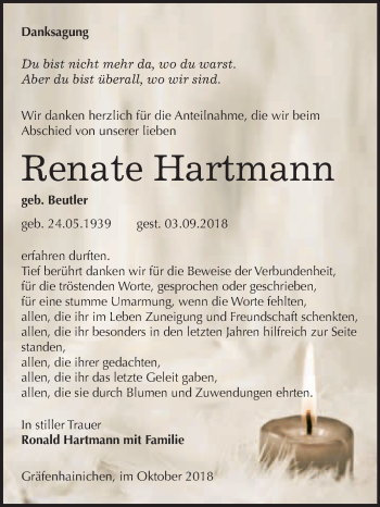 Traueranzeige von Renate Hartmann von WVG - Wochenspiegel Wittenberg