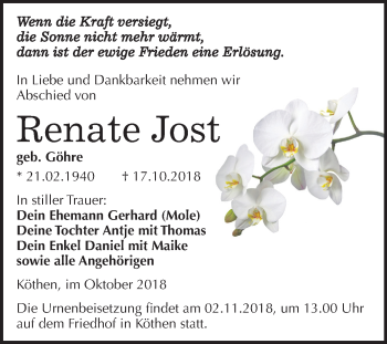 Traueranzeige von Renate Jost von Mitteldeutsche Zeitung Köthen