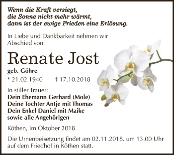 Traueranzeige von Renate Jost von WVG - Wochenspiegel Dessau / Köthen