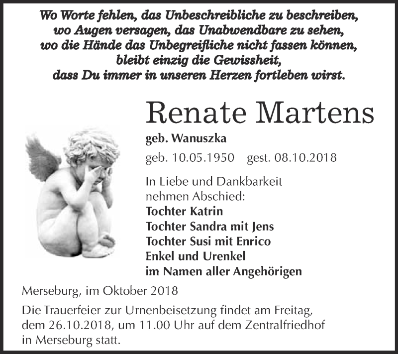  Traueranzeige für Renate Martens vom 20.10.2018 aus WVG - Wochenspiegel Merseburg