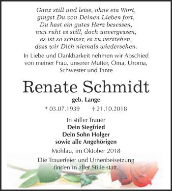 Traueranzeige von Renate Schmidt von WVG - Wochenspiegel Wittenberg