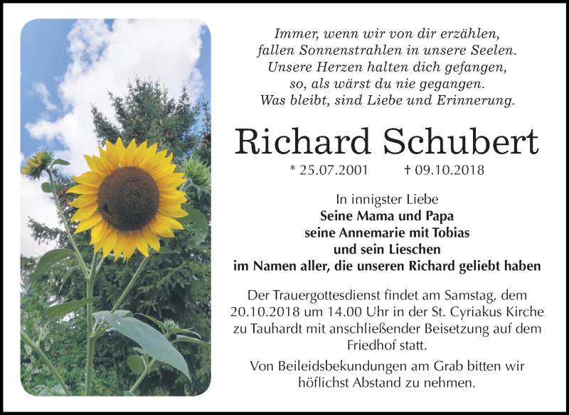  Traueranzeige für Richard Schubert vom 13.10.2018 aus Mitteldeutsche Zeitung