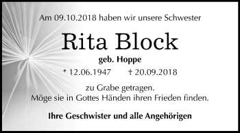 Traueranzeige von Rita Block von Mitteldeutsche Zeitung Köthen
