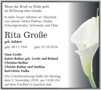 Traueranzeige von Rita Große von Mitteldeutsche Zeitung Merseburg/Querfurt