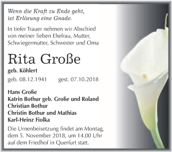 Traueranzeige von Rita Große von WVG - Wochenspiegel Merseburg