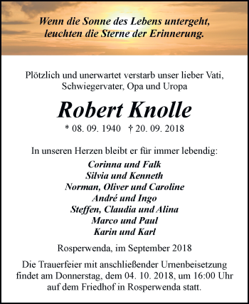 Traueranzeige von Robert Knolle von Mitteldeutsche Zeitung Sangerhausen