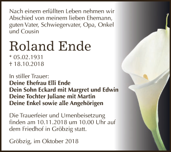 Traueranzeige von Roland Ende von WVG - Wochenspiegel Dessau / Köthen
