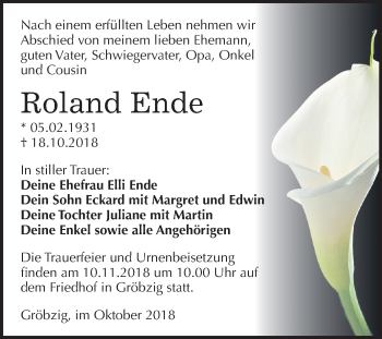 Traueranzeige von Roland Ende von Mitteldeutsche Zeitung