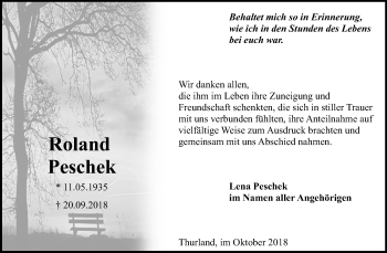 Traueranzeige von Roland Peschek von Mitteldeutsche Zeitung Bitterfeld