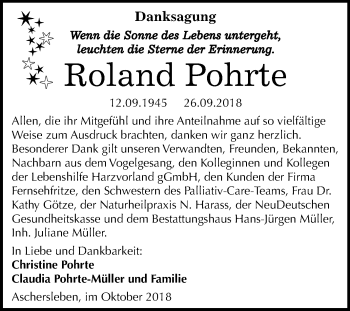 Traueranzeige von Roland Pohrte von Mitteldeutsche Zeitung Aschersleben