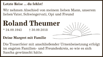 Traueranzeige von Roland Theumer von WVG - Wochenspiegel Dessau / Köthen