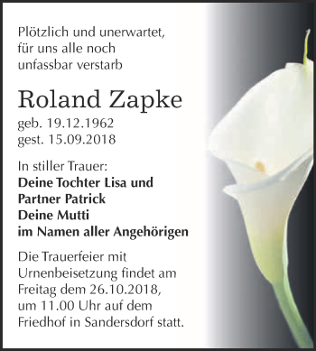 Traueranzeige von Roland Zapke von WVG - Wochenspiegel Bitterfeld