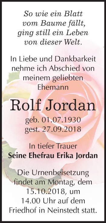 Traueranzeige von Rolf Jordan von Mitteldeutsche Zeitung Quedlinburg