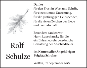 Traueranzeige von Rolf Schulze von WVG - Wochenspiegel Bitterfeld