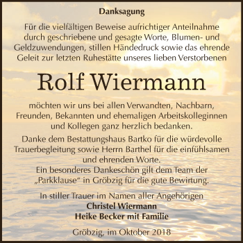 Traueranzeige von Rolf Wiermann von WVG - Wochenspiegel Dessau / Köthen