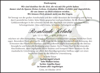 Traueranzeige von Rosalinde Kolata von Mitteldeutsche Zeitung Merseburg/Querfurt